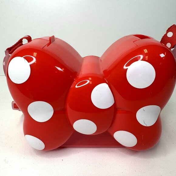Disney Tokyo Japan Popcorn Bucket Minnie Mouse Bow Red Polka Dot Strap Container - Picture 6 of 9